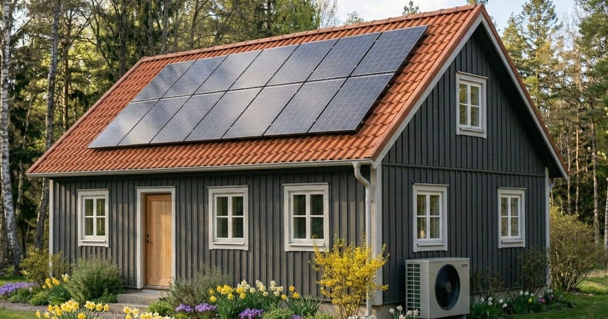 Building with a heat pump and rooftop solar panels in spring
